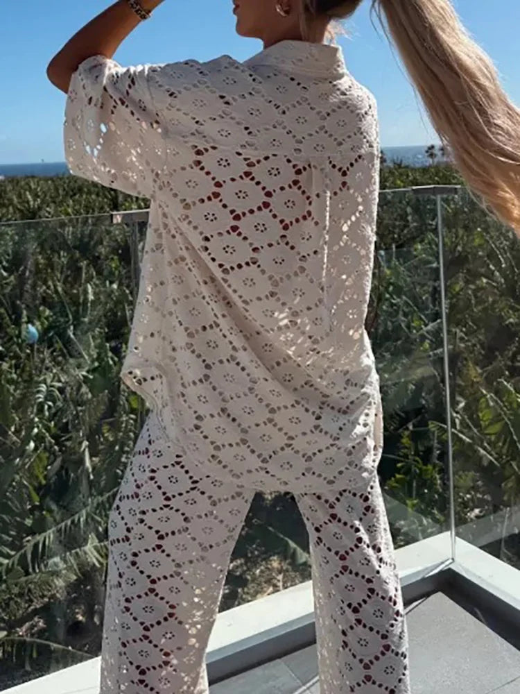 Women's Crochet Shirt & Trousers Set | Summer