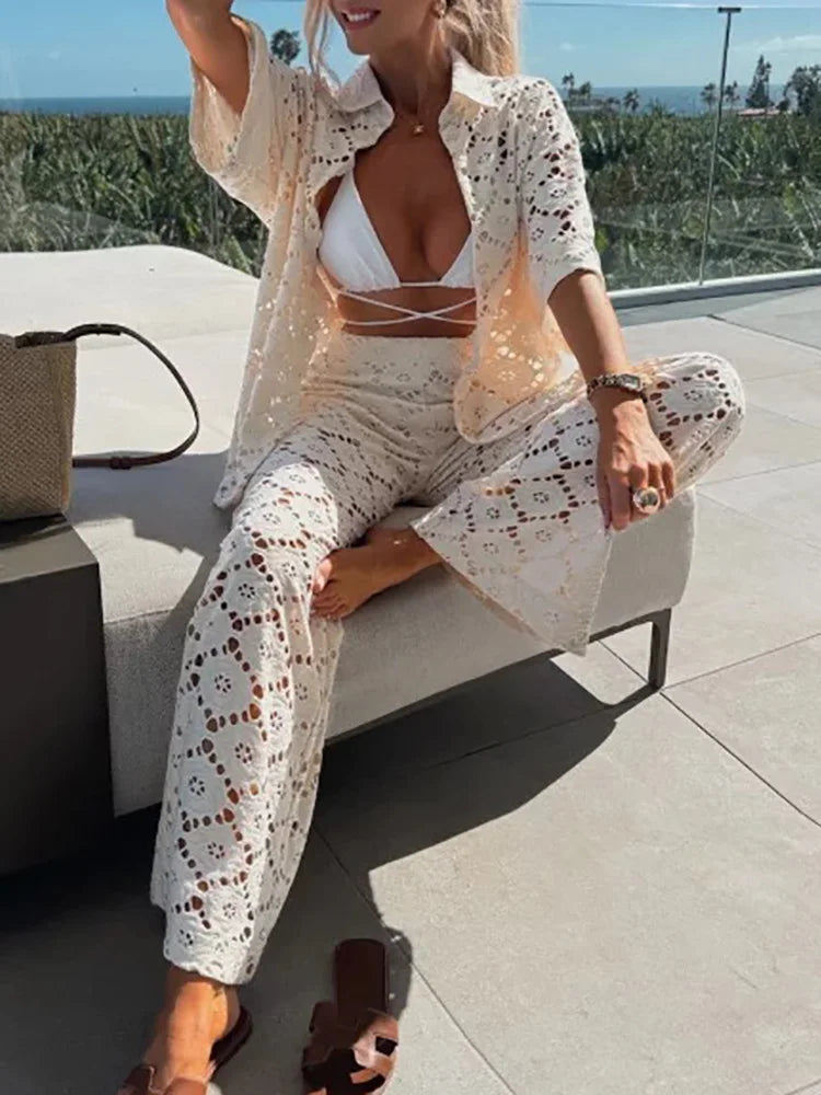 Women's Crochet Shirt & Trousers Set | Summer