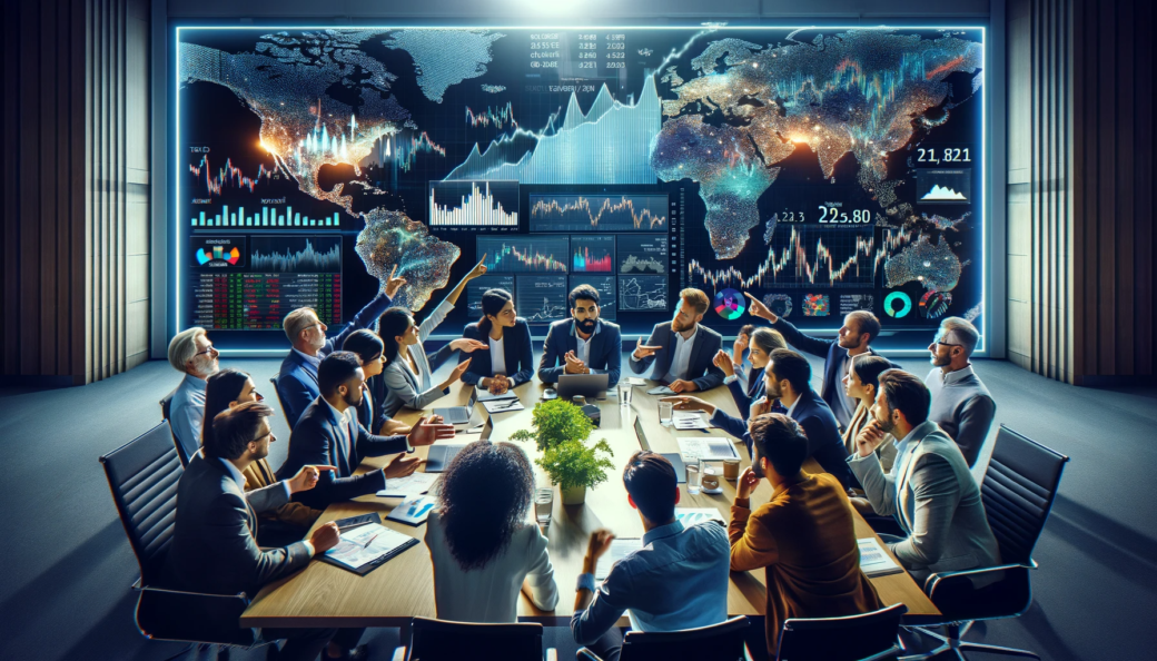 A diverse group of people of different ages and ethnicities gathered around a large table, engaged in an animated discussion about investment strategi
