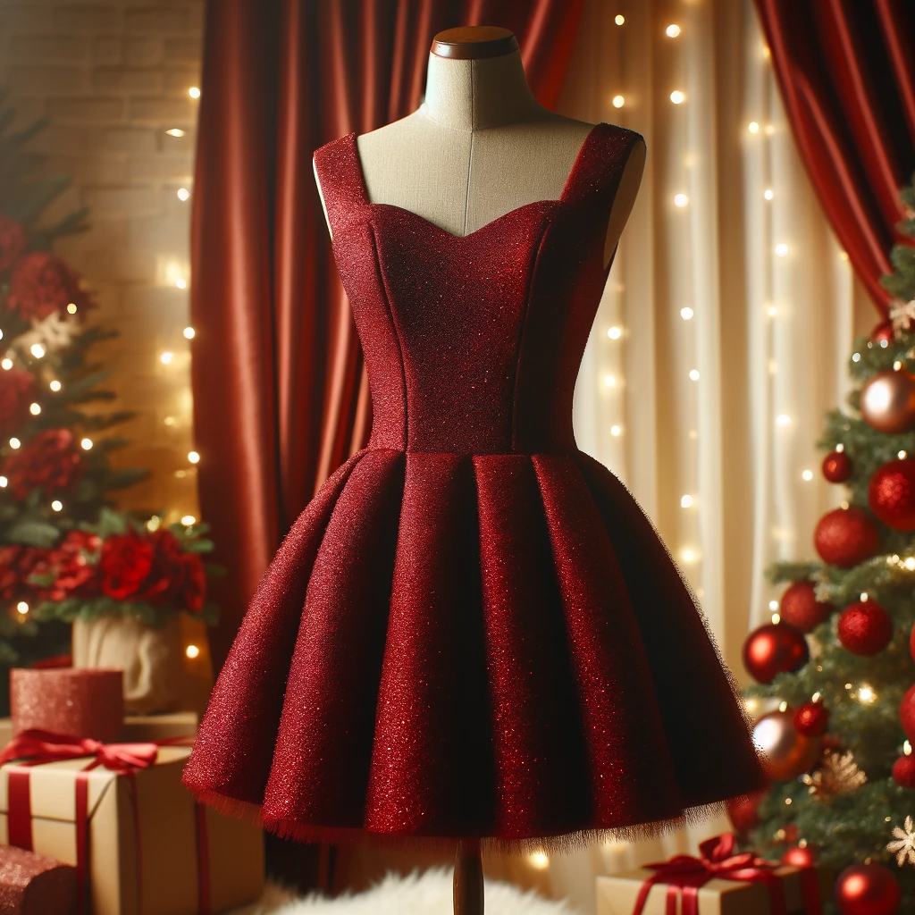 ruby-red cocktail dress, perfect for a holiday party.