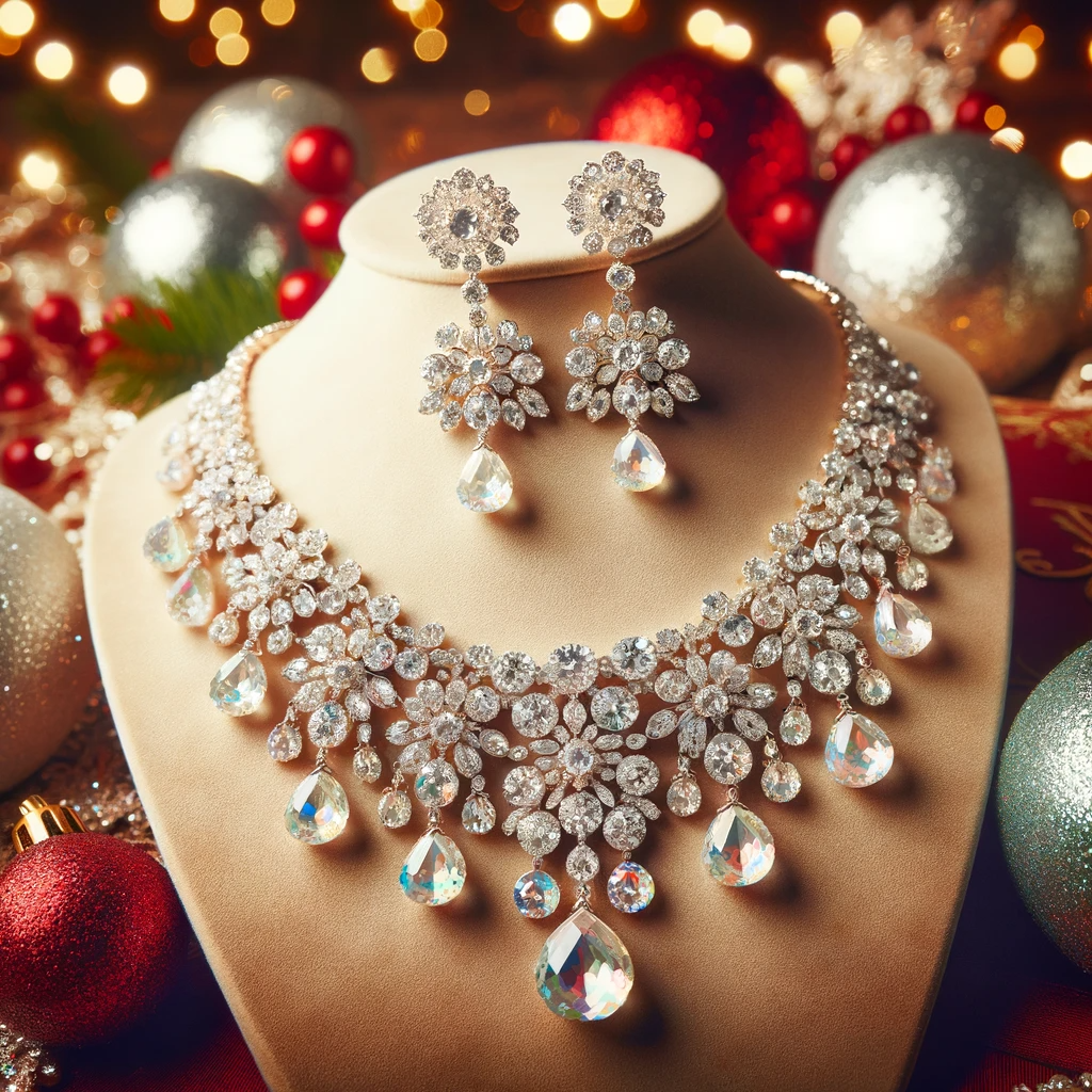 Elegant-holiday-themed-jewelry-featuring-a-sparkling-crystal-necklace-and-chandelier-earrings-set-against-a-festive-background.-The-jewelry-should-b